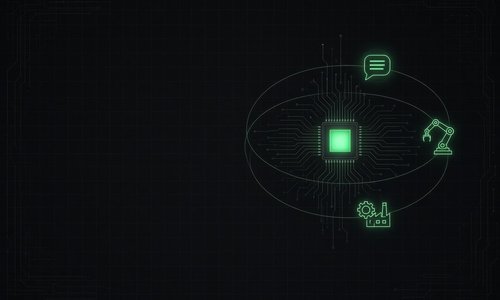 A chip at the center of three orbits carrying a document, a robot arm, and a factory icon